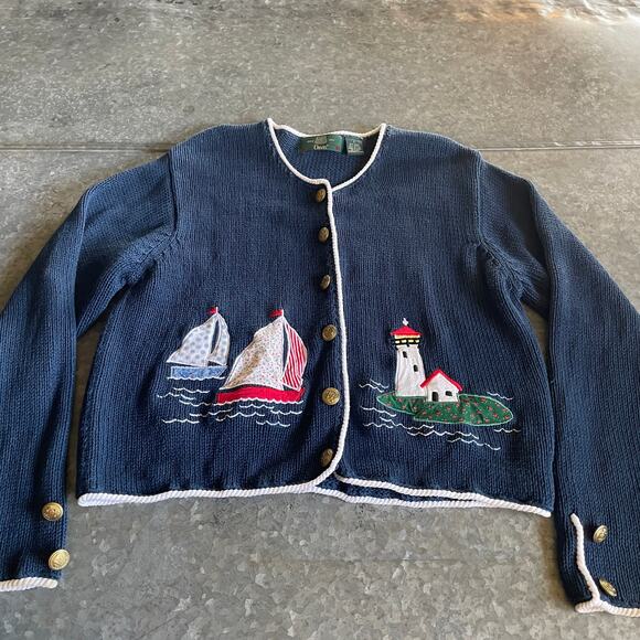 Vintage Orvis Nautical Sailboat Lighthouse Seaside Knit Cardigan Sweater Large - Picture 1 of 13